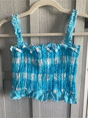 SOLID & STRIPED The Phoebe Blue and White Smocked Gingham Crop Top